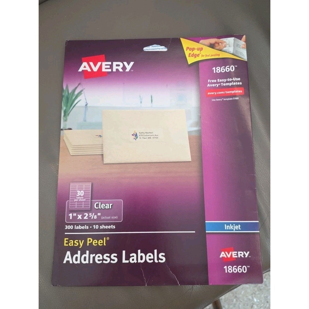 Avery 18660 Matte Clear Easy Peel Address Labels, Inkjet, 1 x 2 5/8, 300/Pack